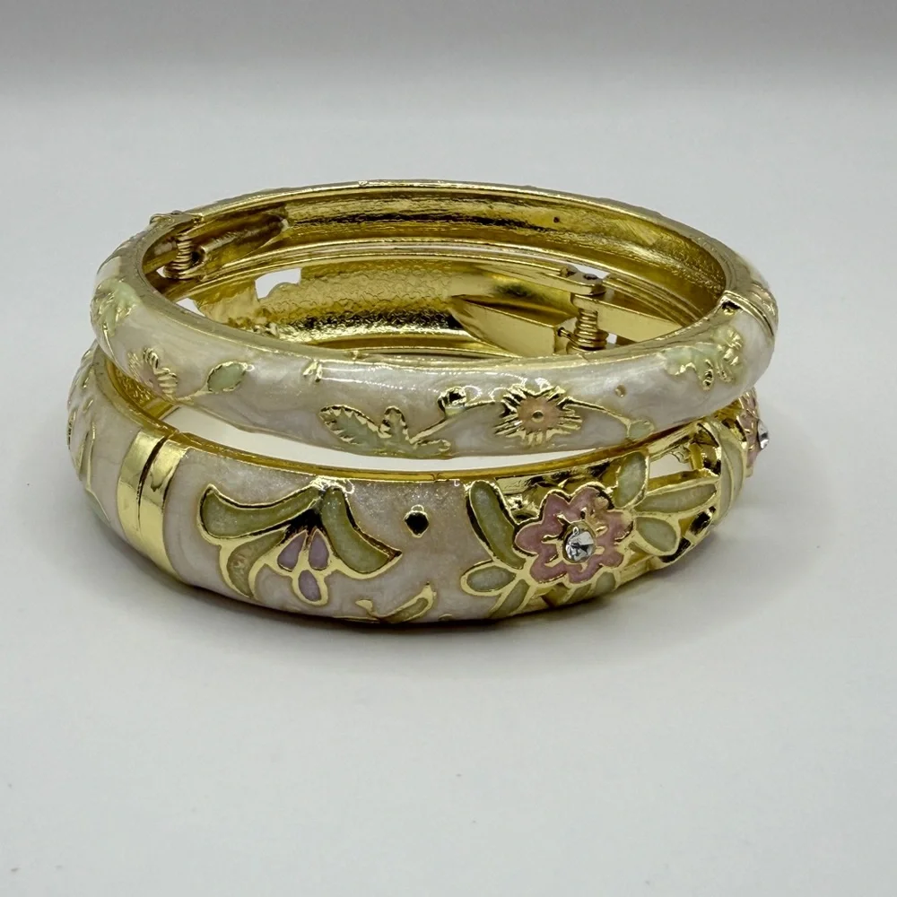 Gold & Ivory Floral Enamel Stackable Bangle Bracelets with Rhinestone Accent - Picture 4 of 6